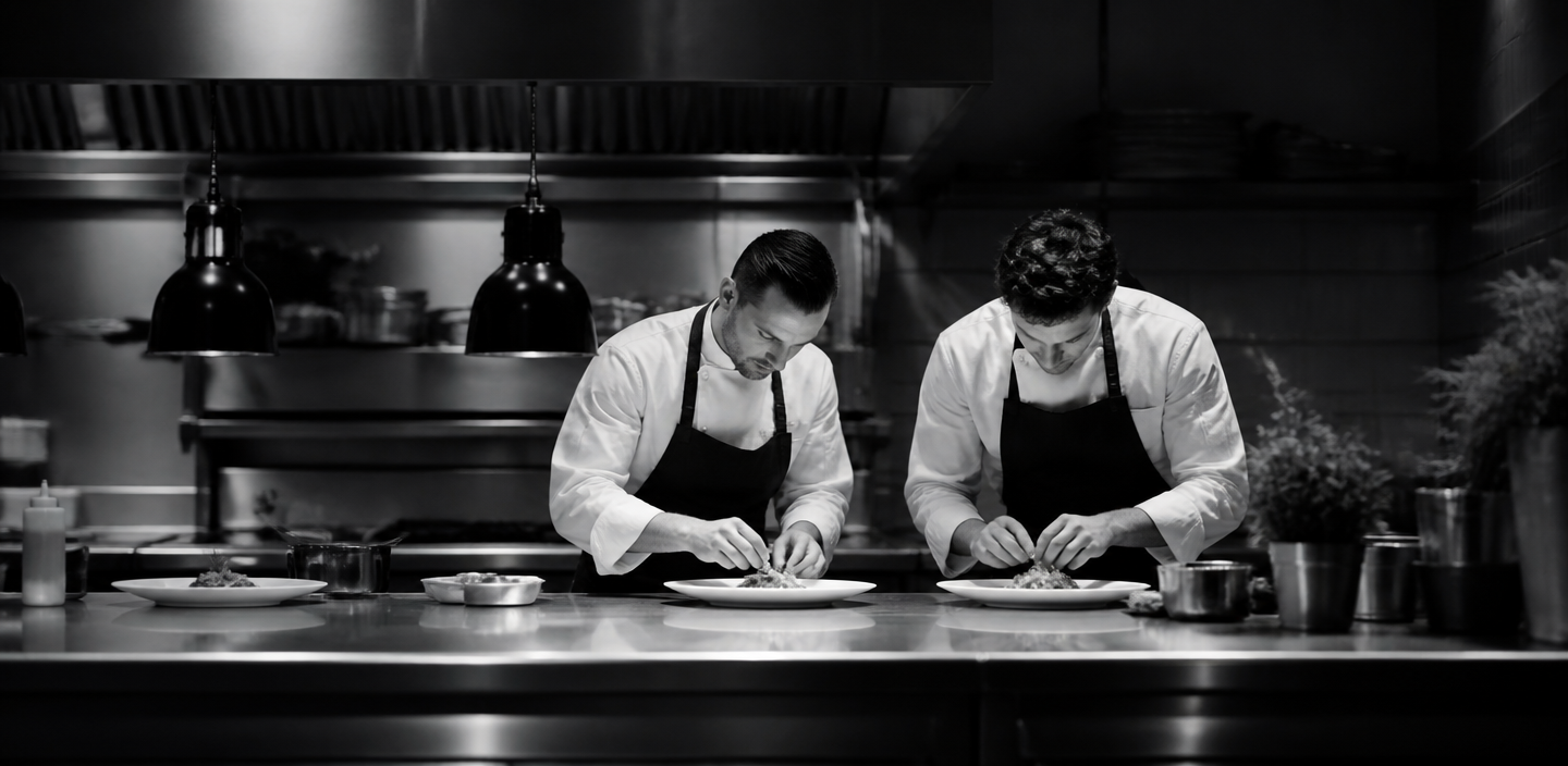 Two Kreative Catering chefs plating dishes in the Sydney kitchen