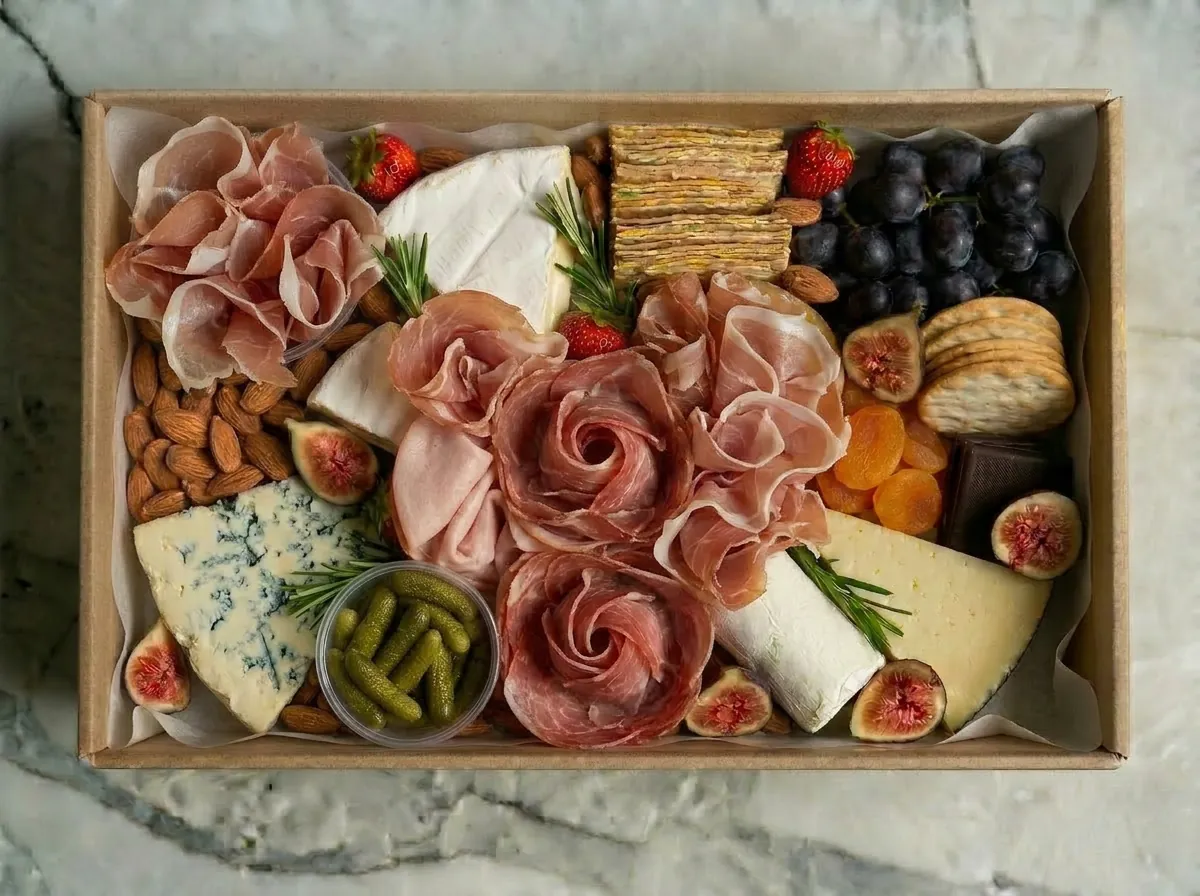 A charcuterie and cheese platter with cured meats, fresh fruit, crackers and house-made dips arranged for grazing.