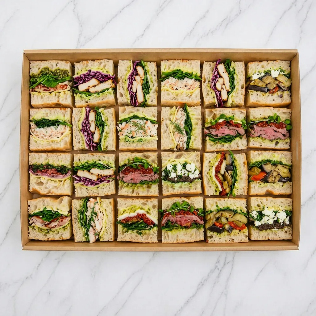 Focaccia sandwich platter arranged for a boardroom lunch, ready to set down on a meeting table.